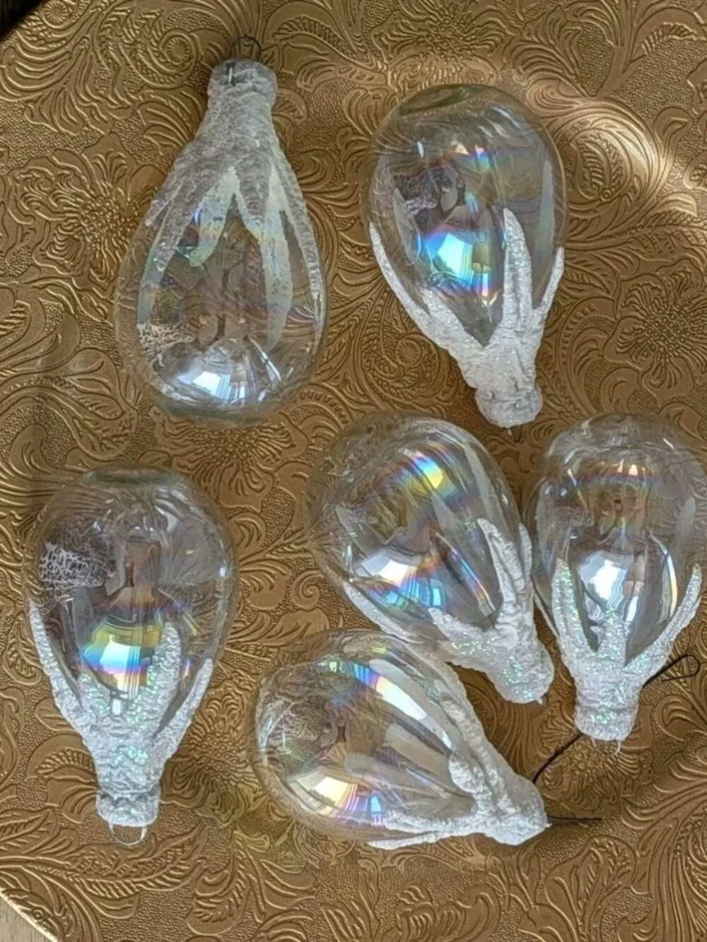6 Vintage Clear Teardrop Snow Capped Christmas ornaments Approx 4